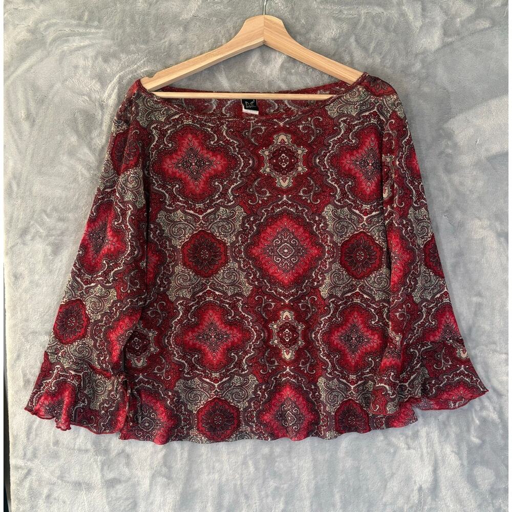 Vintage Y2K Sheer Mesh Whimsygoth Boho Printed Top 2XL Stretch Retro Festival